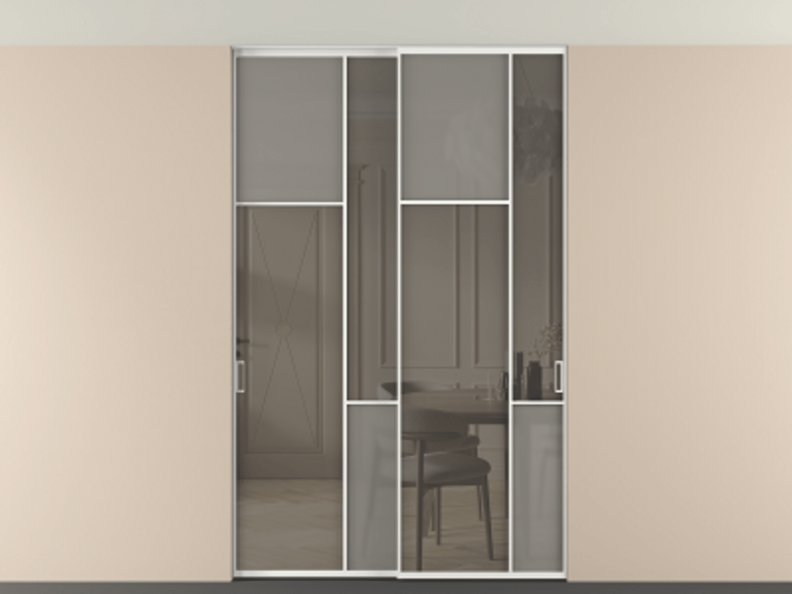 Перегородка Мозаик внутри проёма скрытое крепление в потолок 2 створки АЛПР 041.10 Алюминий белоснежный Сатинированное серое стекло, триплекс, 6 мм + Прозрачное серое стекло, триплекс Цена 2188970 AMD | Volhovec