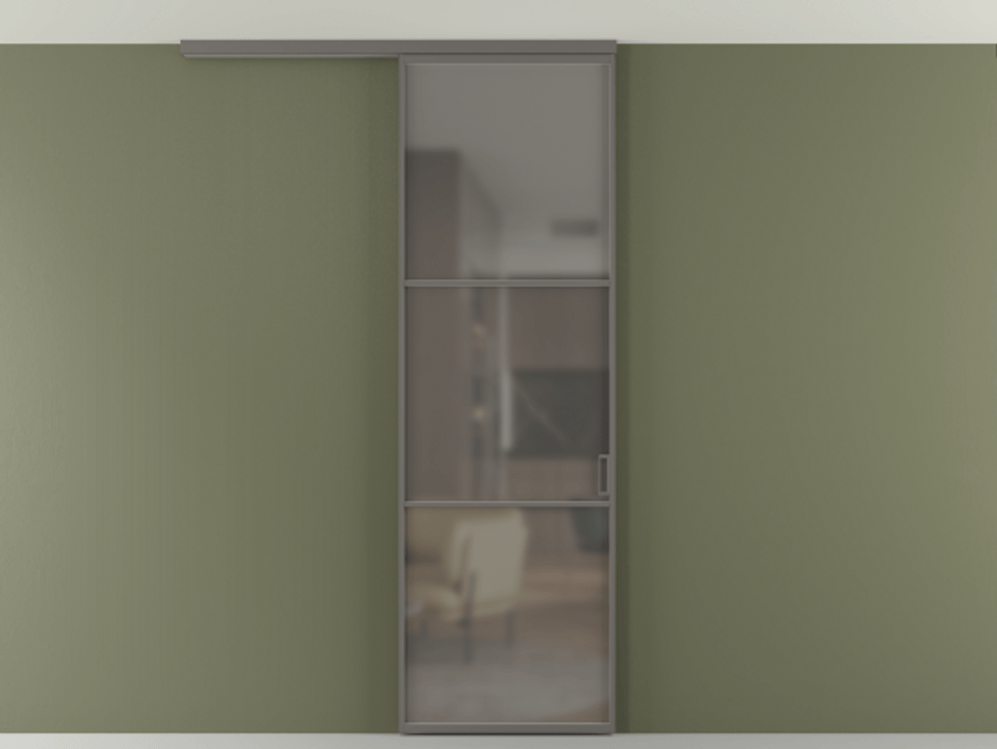 Перегородка Формато вдоль стены на потолок 1 створка АЛПР 040.03 Алюминий классический серый Сатинированное серое стекло, триплекс Цена 653210 AMD | Volhovec