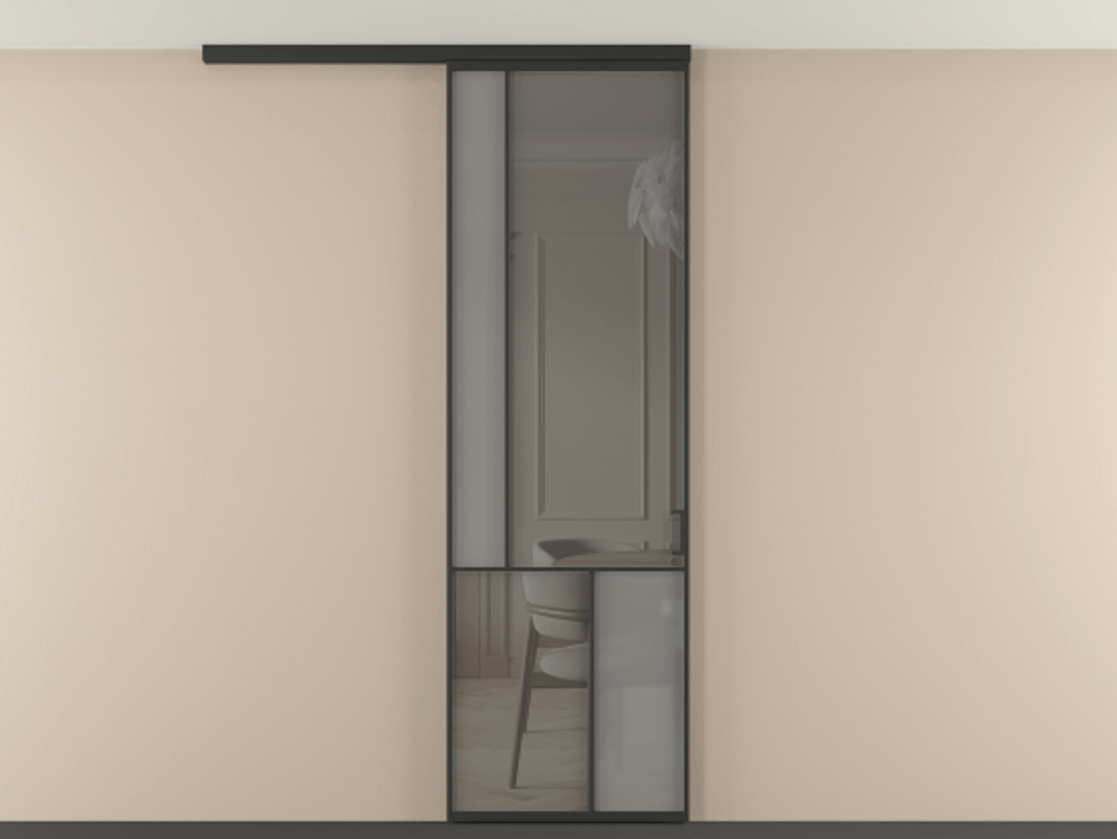 Перегородка Мозаик вдоль стены на потолок 1 створка АЛПР 041.20 Алюминий Черный Сатинированное серое стекло, триплекс, 6 мм + Прозрачное серое стекло, триплекс Цена 873750 AMD | Volhovec