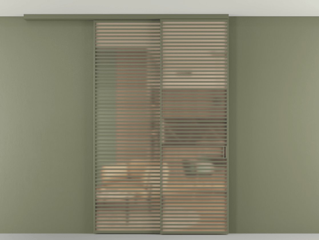 Перегородка Формато вдоль стены на потолок 2 створки с синхронным механизмом АЛПР 040.07 Алюминий оливковый тёмный Сатинированное оранжевое стекло, триплекс Цена 3037900 AMD | Volhovec