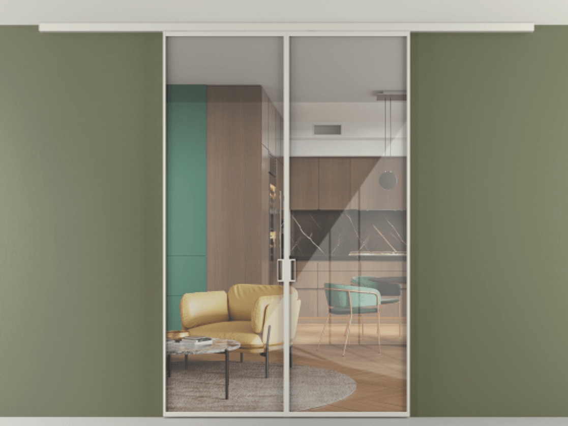 Перегородка Формато вдоль стены на потолок 2 створки АЛПР 040.01 Алюминий тёплый серый Рефлективное прозрачное стекло "Стопсол", калёное Цена 1564880 AMD | Volhovec