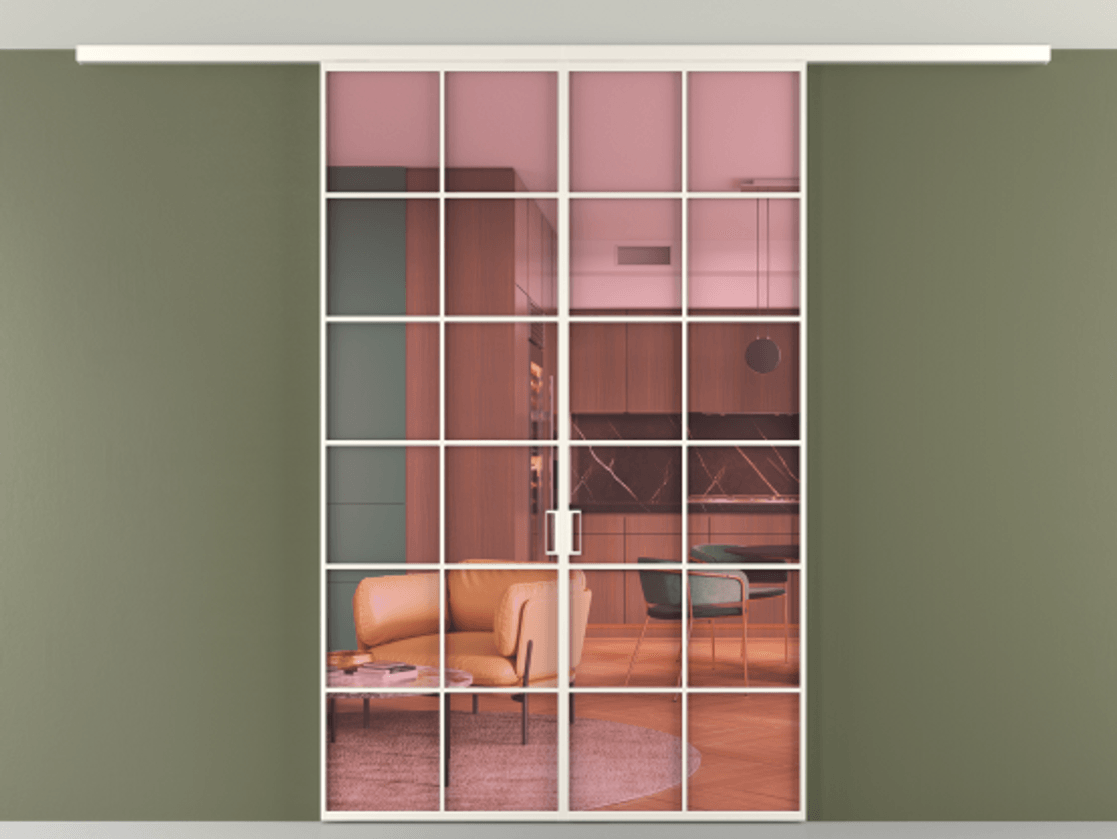 Перегородка Формато вдоль стены на потолок 2 створки АЛПР 040.05 Алюминий пудровый белый Прозрачное розовое стекло, триплекс Цена 1345300 AMD | Volhovec