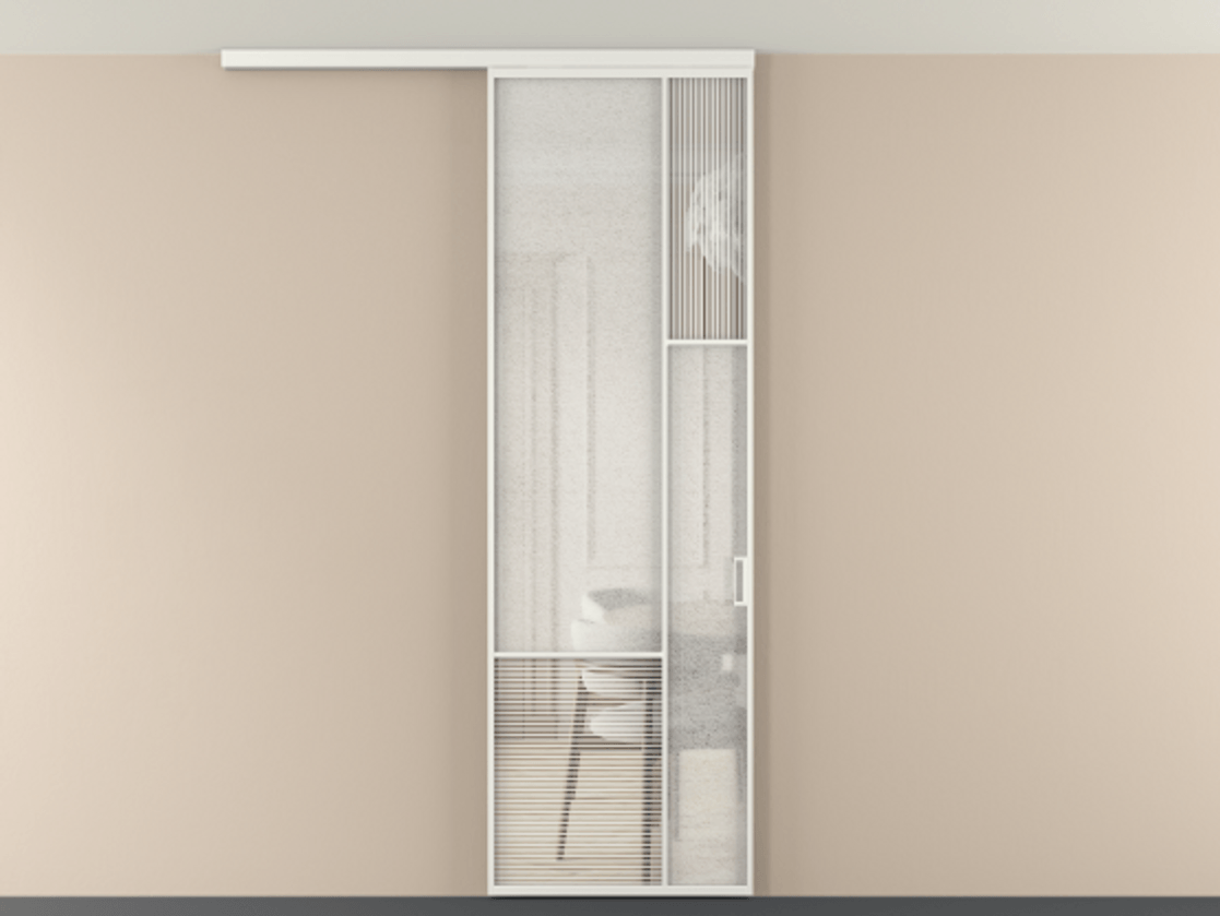 Перегородка Мозаик вдоль стены на потолок 1 створка АЛПР 041.12 Алюминий светло-серый Рифлёное стекло "Дюна", триплекс, 6 мм + Фактурное стекло "Лёд", триплекс Цена 964660 AMD | Volhovec