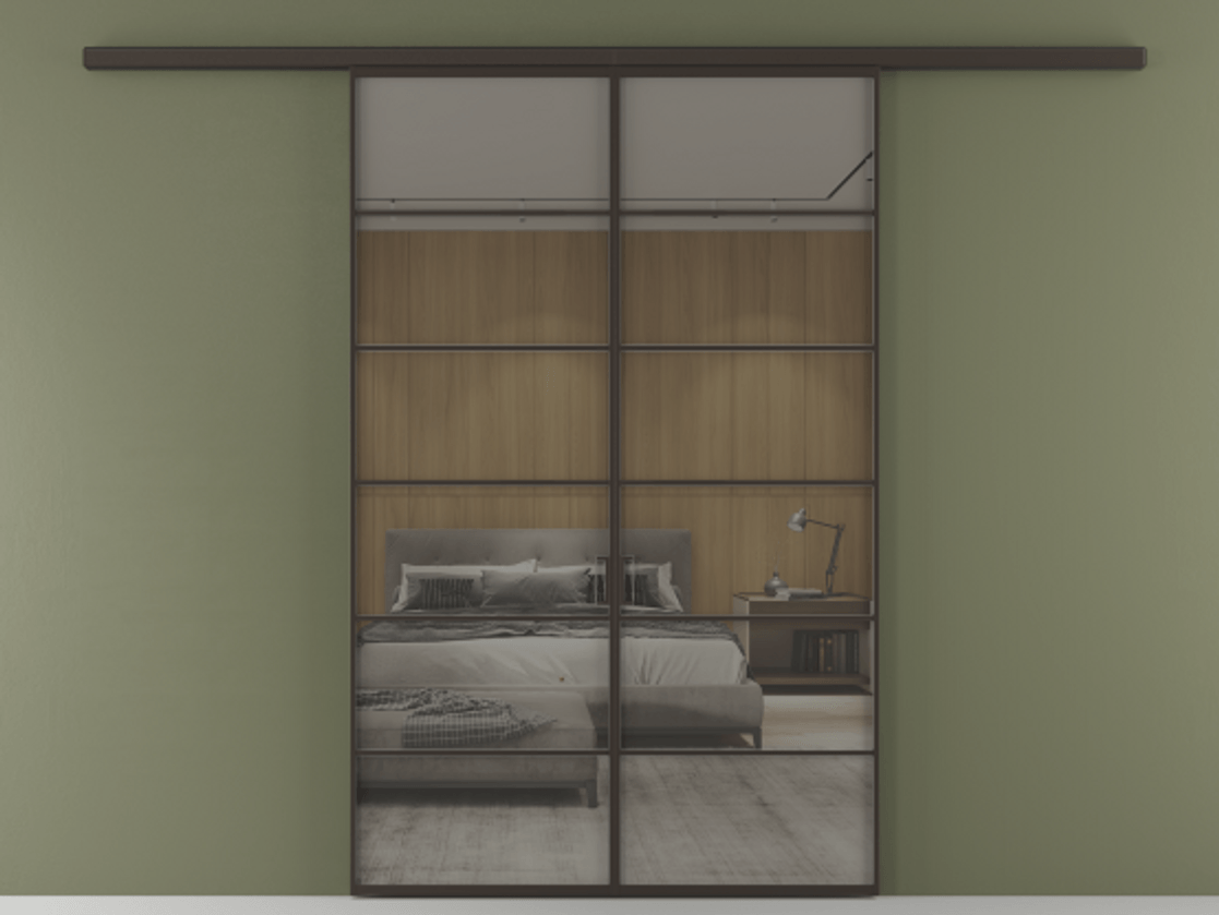 Перегородка Formato вдоль стены 2 створки АЛПР 040.04 Алюминий антрацит Рефлективное серое стекло "Stopsol", калёное Цена 1784460 AMD | Volhovec