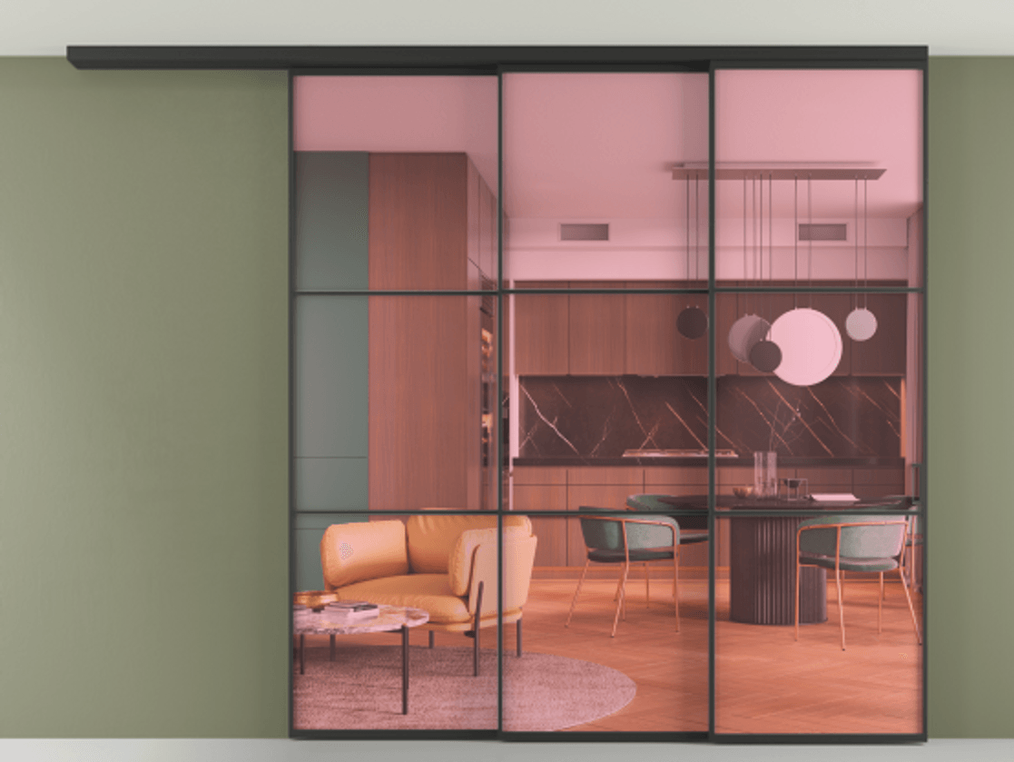 Перегородка Formato вдоль стены на потолок 3 створки с синхронным механизмом АЛПР 040.03 Алюминий Черный Прозрачное розовое стекло, триплекс Цена 2544900 AMD | Volhovec