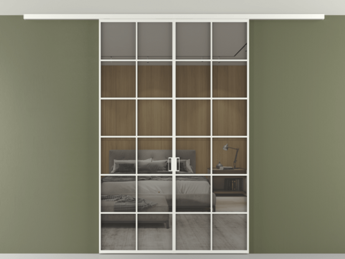 Перегородка Формато вдоль стены на потолок 2 створки АЛПР 040.05 Алюминий светло-серый Рефлективное серое стекло "Стопсол", калёное Цена 1760720 AMD | Volhovec