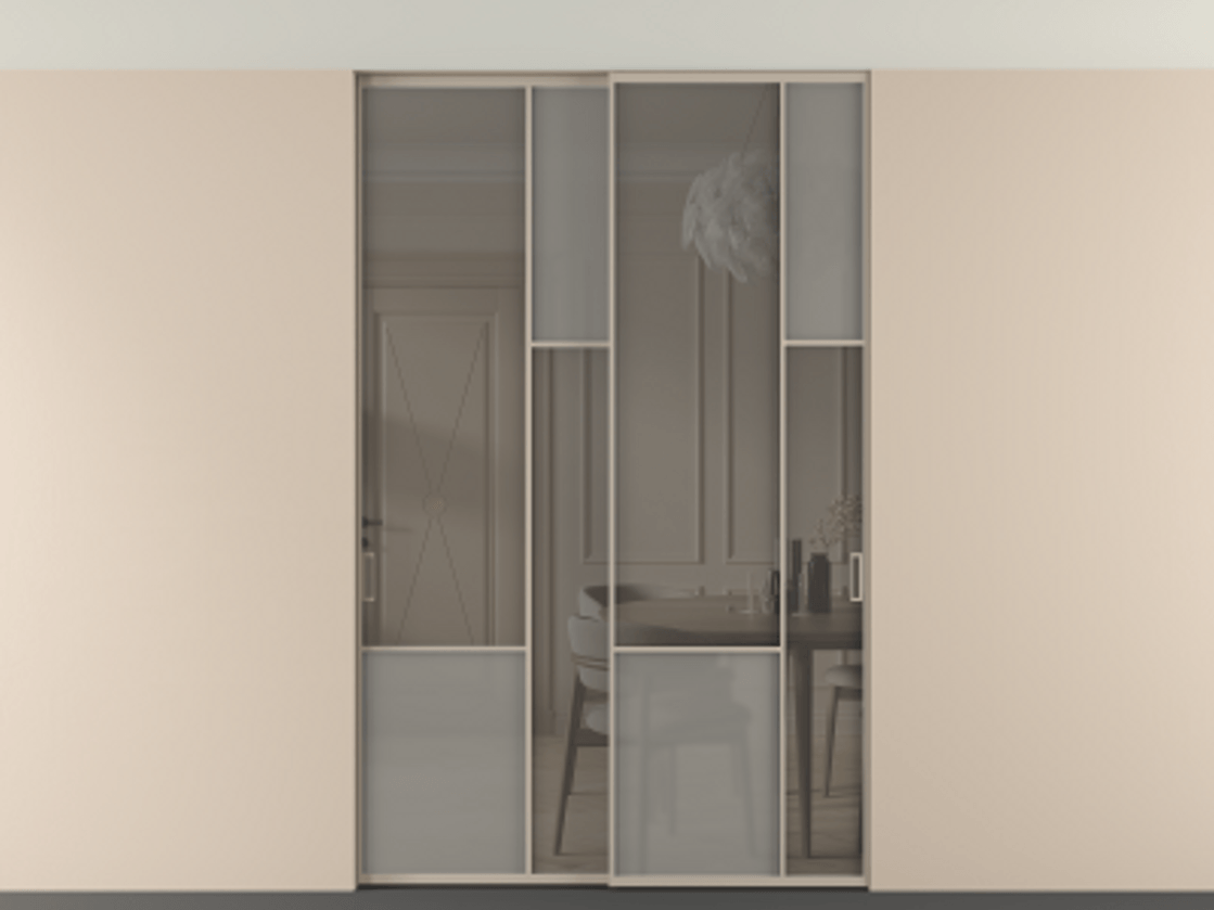 Перегородка Мозаик внутри проёма скрытое крепление в потолок 2 створки АЛПР 041.12 Алюминий бисквитный Сатинированное серое стекло, триплекс, 6 мм + Прозрачное серое стекло, триплекс Цена 2188970 AMD | Volhovec