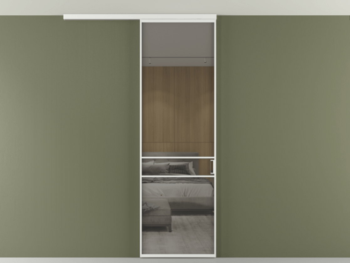 Перегородка Формато вдоль стены на потолок 1 створка АЛПР 040.02 Алюминий белоснежный Рефлективное серое стекло "Стопсол", калёное Цена 846440 AMD | Volhovec