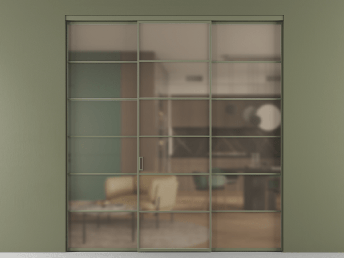 Перегородка Формато внутри проёма 3 створки АЛПР 040.04 Алюминий оливковый тёмный Сатинированное бронзовое стекло, триплекс Цена 1718540 AMD | Volhovec