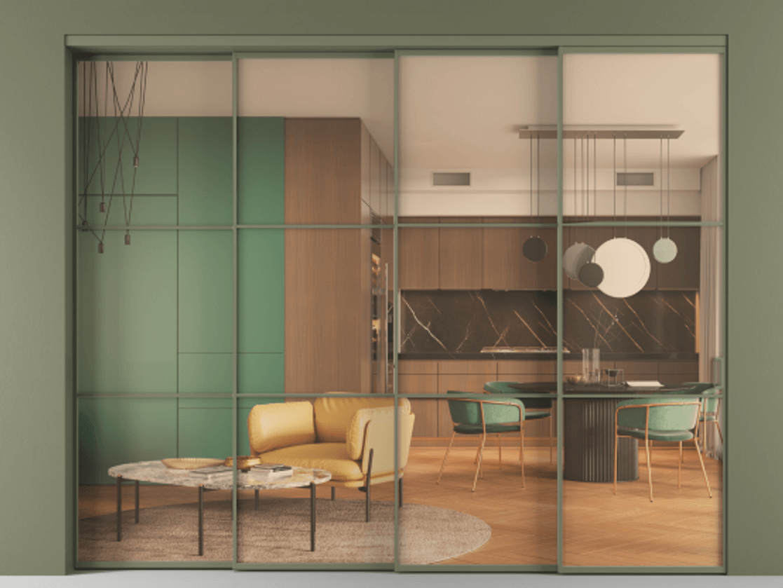 Перегородка Формато внутри проёма 4 створки с синхронным механизмом АЛПР 040.03 Алюминий оливковый тёмный Прозрачное оранжевое стекло, триплекс Цена 3127300 AMD | Volhovec