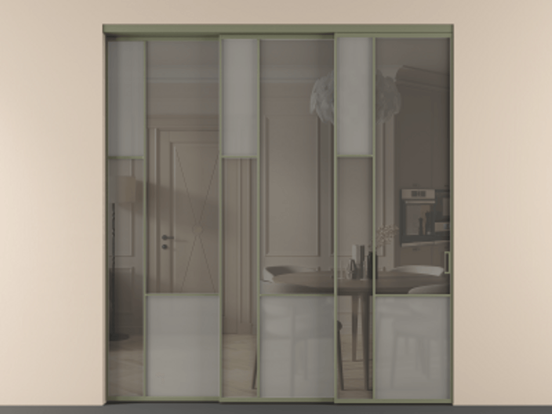 Перегородка Мозаик внутри проёма 3 створки с синхронным механизмом АЛПР 041.13 Алюминий оливковый тёмный Сатинированное серое стекло, триплекс, 6 мм + Прозрачное серое стекло, триплекс Цена 2949760 AMD | Volhovec