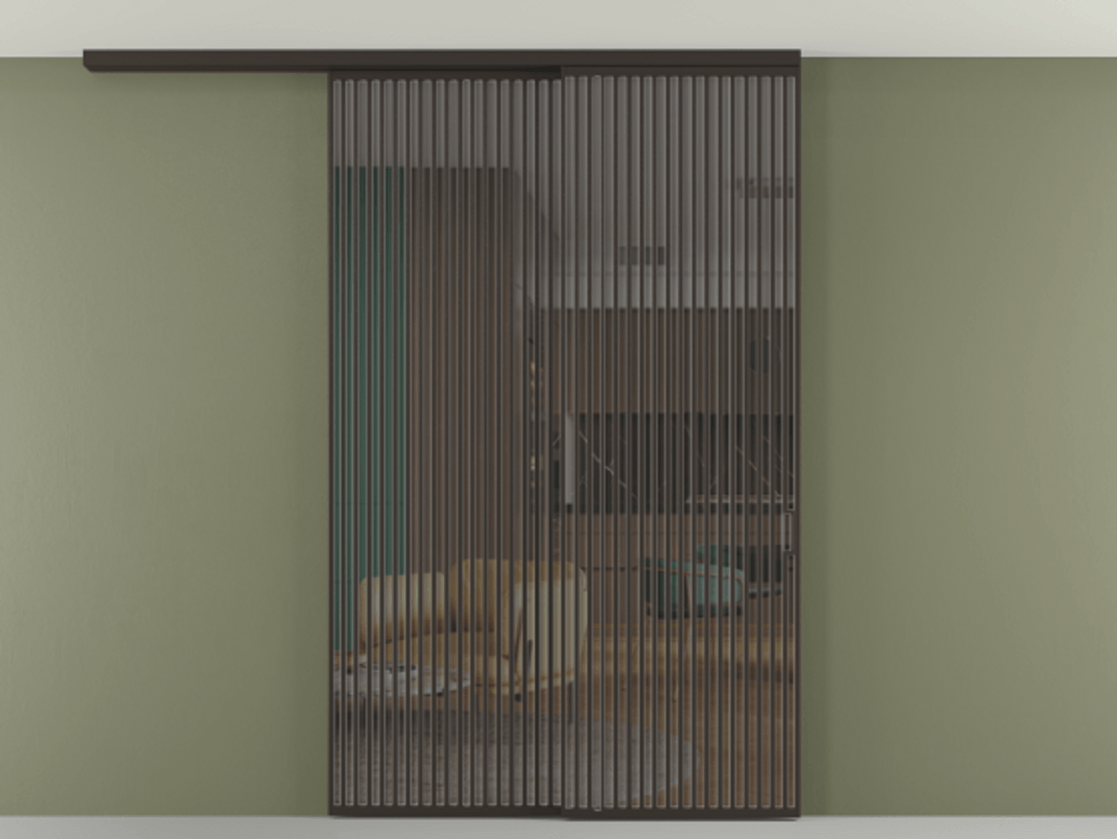 Перегородка Формато вдоль стены на потолок 2 створки с синхронным механизмом АЛПР 040.06 Алюминий антрацит Прозрачное серое стекло, триплекс Цена 23480 AZE | Volhovec