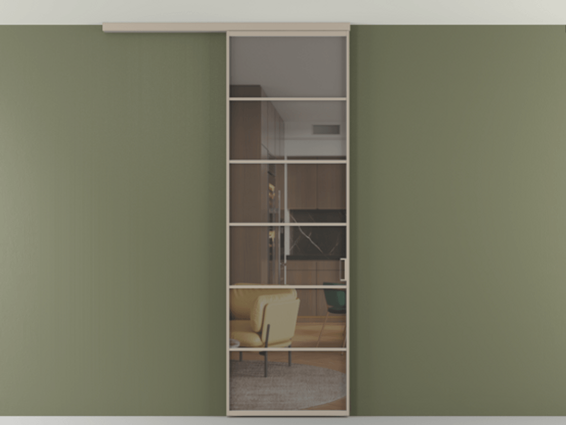 Перегородка Формато вдоль стены на потолок 1 створка АЛПР 040.04 Алюминий бисквитный Прозрачное серое стекло, триплекс Цена 727350 AMD | Volhovec