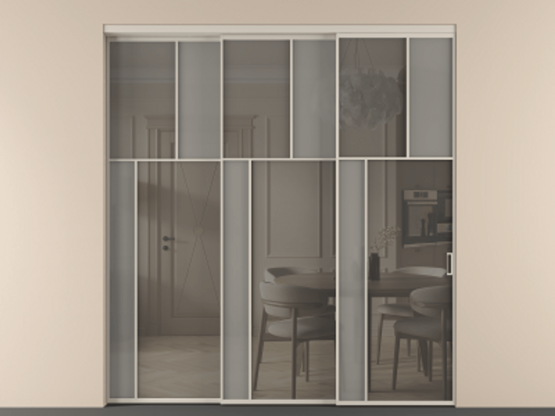 Перегородка Mosaic внутри проёма 3 створки с синхронным механизмом АЛПР 041.22 Алюминий светло-бежевый Сатинированное серое стекло, триплекс, 6 мм + Прозрачное серое стекло, триплекс. Цена 2949760 AMD . Фабрика дверей Волховец 8 (800) 551 43 19 Перегородка Mosaic внутри проёма 3 створки с синхронным механизмом АЛПР 041.22 Алюминий светло-бежевый Сатинированное серое стекло, триплекс, 6 мм + Прозрачное серое стекло, триплекс Цена 2949760 AMD | Volhovec