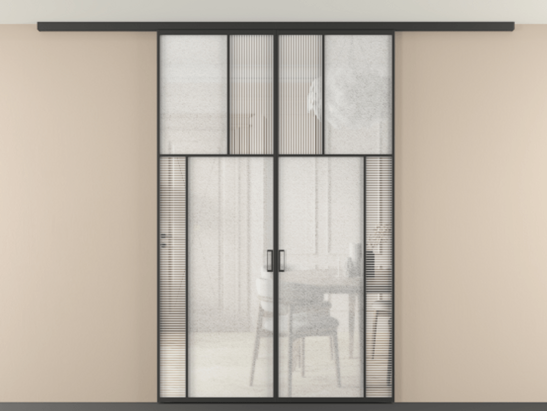 Перегородка Mosaic вдоль стены на потолок двустворчатая АЛПР 041.23 Алюминий Черный Рифлёное стекло "Дюна", триплекс, 6 мм + Фактурное стекло "Лёд", триплекс, 6 мм Цена 253920 ₽ | Volhovec