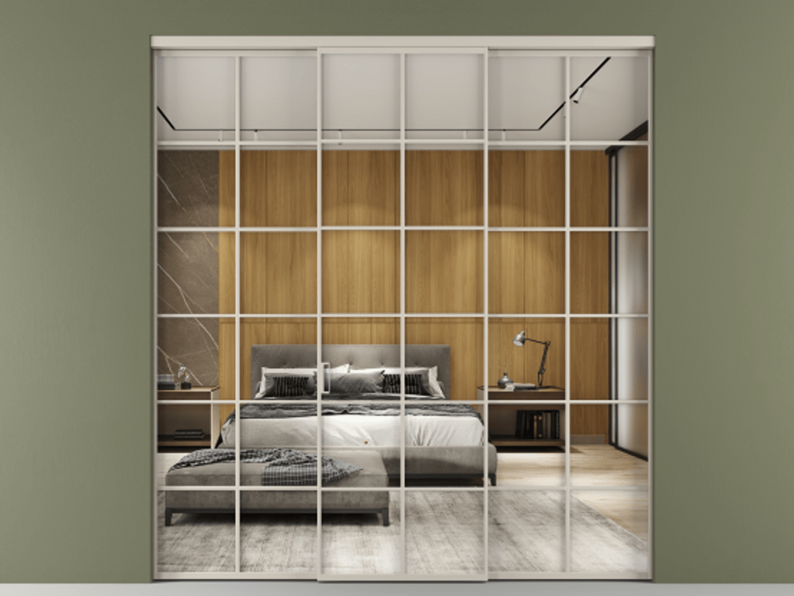 Перегородка Формато внутри проёма 3 створки АЛПР 040.05 Алюминий светло-бежевый Двустороннее зеркало, триплекс , триплекс 6 мм Цена 1718540 AMD | Volhovec