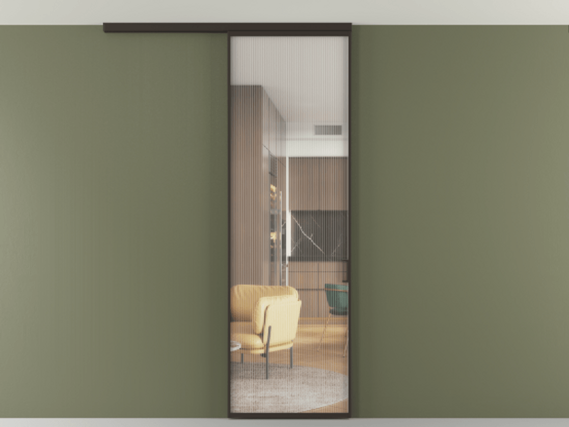 Перегородка Formato вдоль стены на потолок 1 створка АЛПР 040.01 Алюминий антрацит Рифлёное стекло "Moru", триплекс Цена 692180 AMD | Volhovec