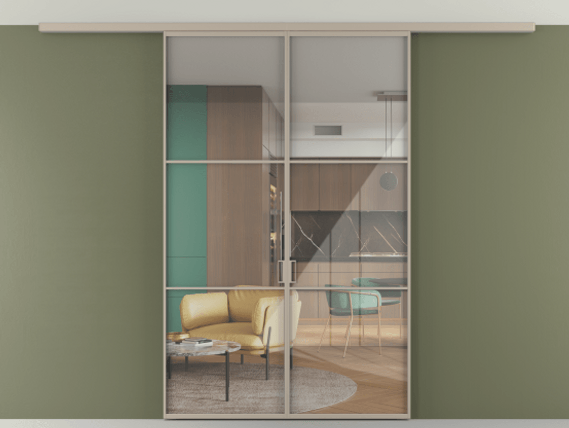 Перегородка Формато вдоль стены на потолок 2 створки АЛПР 040.03 Алюминий бисквитный Рефлективное прозрачное стекло "Стопсол", калёное Цена 1400570 AMD | Volhovec