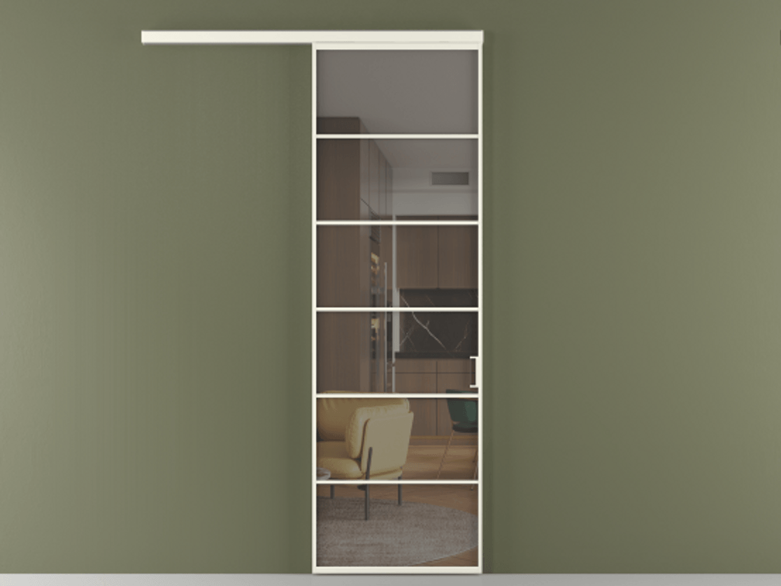 Перегородка Формато вдоль стены 1 створка АЛПР 040.04 Алюминий жемчужный Прозрачное серое стекло, триплекс Цена 757490 AMD  | Volhovec