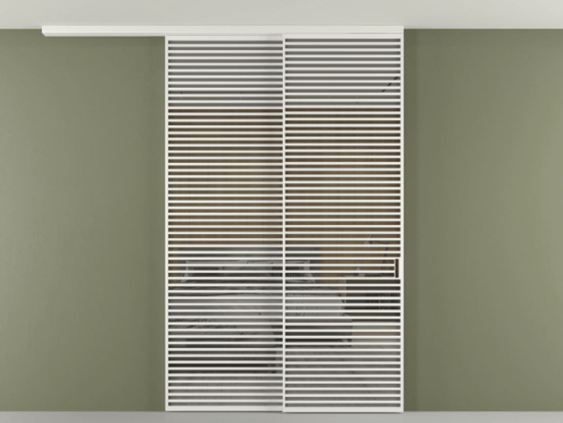 Перегородка Формато вдоль стены на потолок 2 створки с синхронным механизмом АЛПР 040.07 Алюминий светло-серый Рефлективное серое стекло "Стопсол", калёное Цена 3659430 AMD | Volhovec