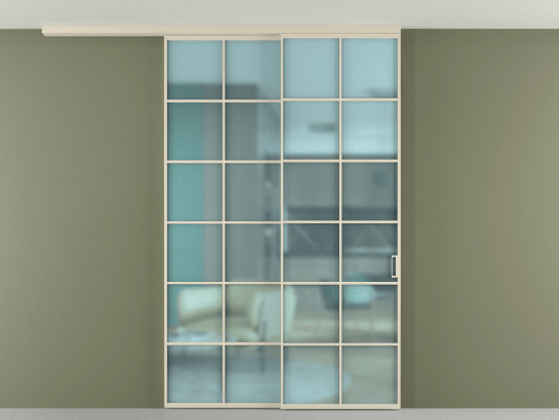 Перегородка Formato вдоль стены на потолок 2 створки с синхронным механизмом АЛПР 040.05 Алюминий бежево-серый Сатинированное голубое стекло, триплекс Цена 2213300 AMD | Volhovec