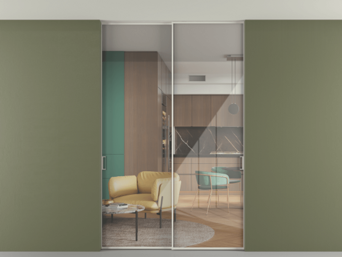 Перегородка Формато внутри проёма скрытое крепление в потолок 2 створки АЛПР 040.01 Алюминий Белый Рефлективное прозрачное стекло "Стопсол", калёное Цена 1929860 AMD | Volhovec