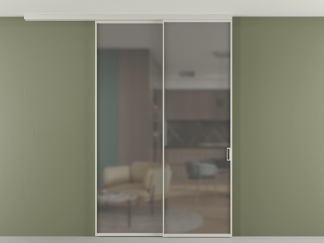 Перегородка Формато вдоль стены на потолок 2 створки с синхронным механизмом АЛПР 040.01 Алюминий тёплый серый Сатинированное серое стекло, триплекс Цена 2017400 AMD | Volhovec