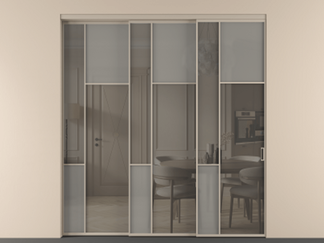 Перегородка Мозаик внутри проёма 3 створки с синхронным механизмом АЛПР 041.11 Алюминий бисквитный Сатинированное серое стекло, триплекс, 6 мм + Прозрачное серое стекло, триплекс Цена 2949760 AMD | Volhovec