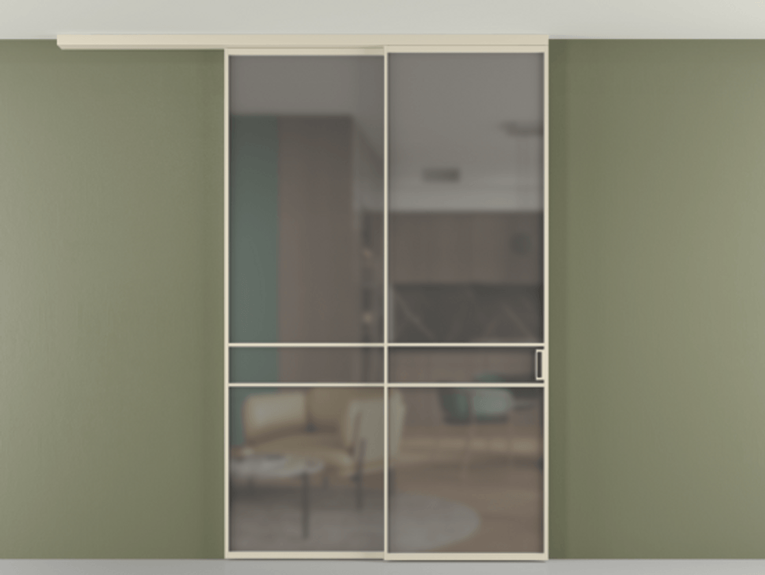 Перегородка Формато вдоль стены на потолок 2 створки с синхронным механизмом АЛПР 040.02 Алюминий бежево-серый Сатинированное серое стекло, триплекс Цена 2097520 AMD | Volhovec