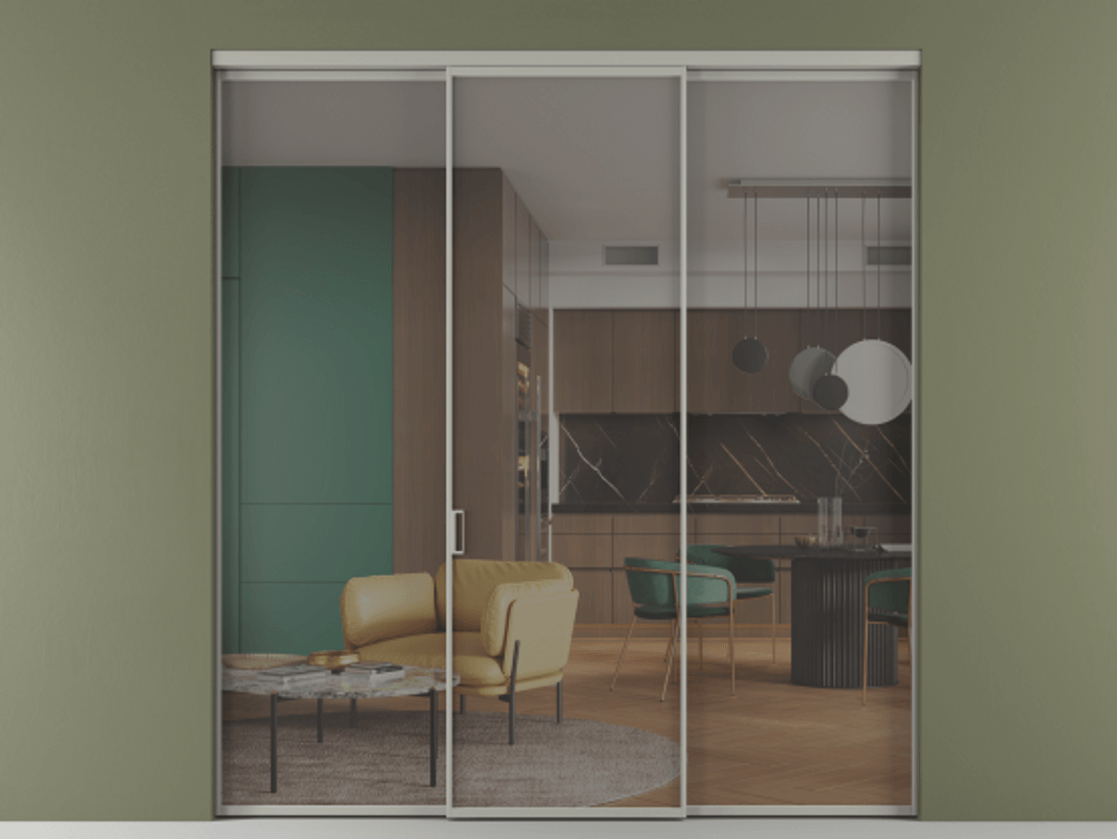 Перегородка Формато внутри проёма 3 створки АЛПР 040.01 Алюминий нейтральный серый Прозрачное серое стекло, триплекс Цена 1518240 AMD | Volhovec