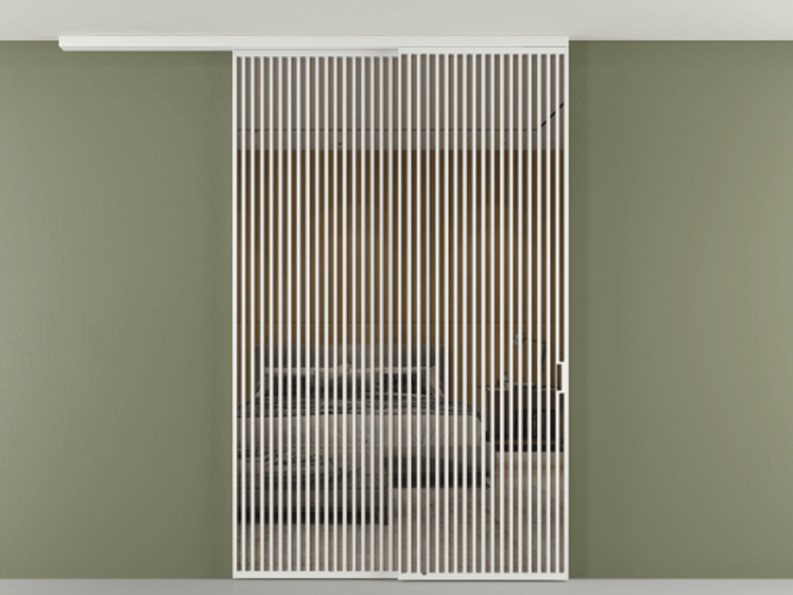 Перегородка Формато вдоль стены на потолок 2 створки с синхронным механизмом АЛПР 040.06 Алюминий белоснежный Рефлективное бронзовое стекло "Стопсол", калёное Цена 24150 AZE | Volhovec