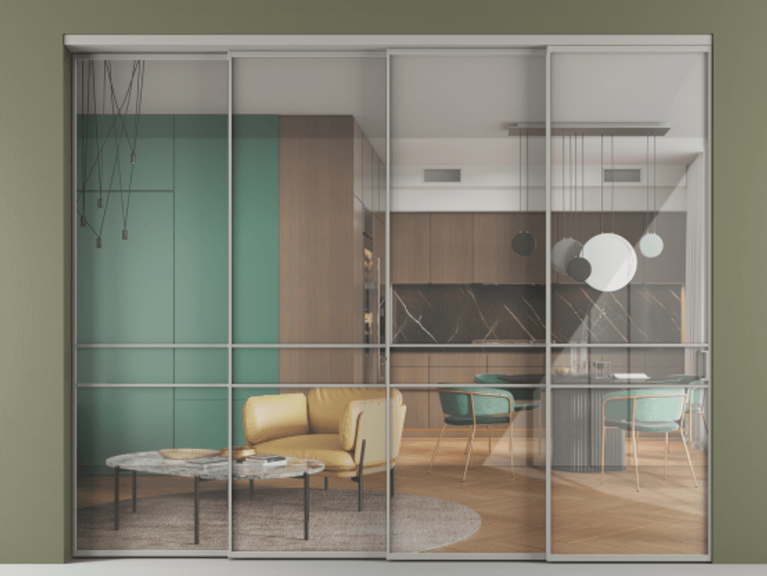 Перегородка Формато внутри проёма 4 створки с синхронным механизмом АЛПР 040.02 Алюминий нейтральный серый Рефлективное прозрачное стекло "Стопсол", калёное Цена 3428240 AMD | Volhovec