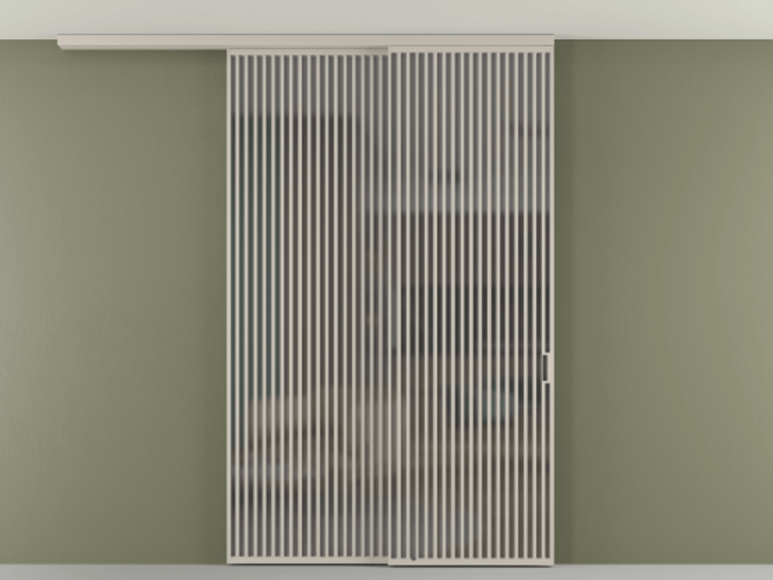 Перегородка Формато вдоль стены на потолок 2 створки с синхронным механизмом АЛПР 040.06 Алюминий светло-бежевый Сатинированное серое стекло, триплекс Цена 23480 AZE | Volhovec