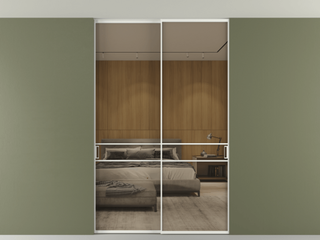 Перегородка Formato внутри проёма скрытое крепление в потолок 2 створки АЛПР 040.02 Алюминий светло-серый Рефлективное бронзовое стекло "Стопсол", калёное Цена 2060430 AMD | Volhovec