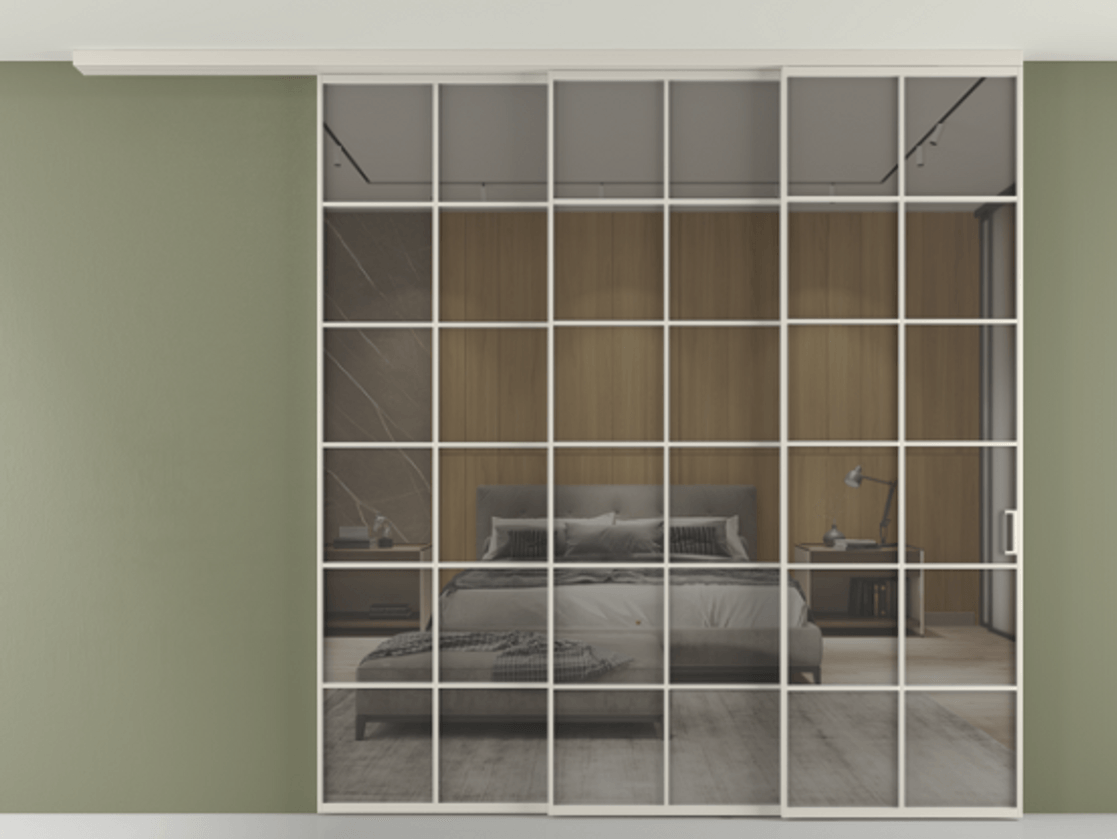 Перегородка Формато вдоль стены на потолок 3 створки с синхронным механизмом АЛПР 040.05 Алюминий облачно-серый Рефлективное серое стекло "Стопсол", калёное Цена 3055920 AMD | Volhovec