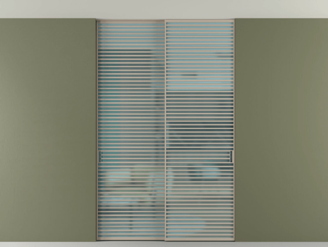 Перегородка Формато внутри проёма скрытое крепление в потолок 2 створки АЛПР 040.07 Алюминий бисквитный Сатинированное голубое стекло, триплекс Цена 2764500 AMD | Volhovec