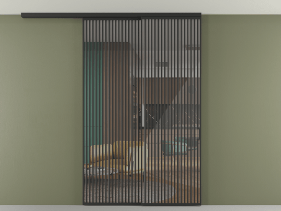 Перегородка Формато вдоль стены на потолок 2 створки с синхронным механизмом АЛПР 040.06 Алюминий Черный Рефлективное прозрачное стекло "Стопсол", калёное Цена 3489080 AMD | Volhovec