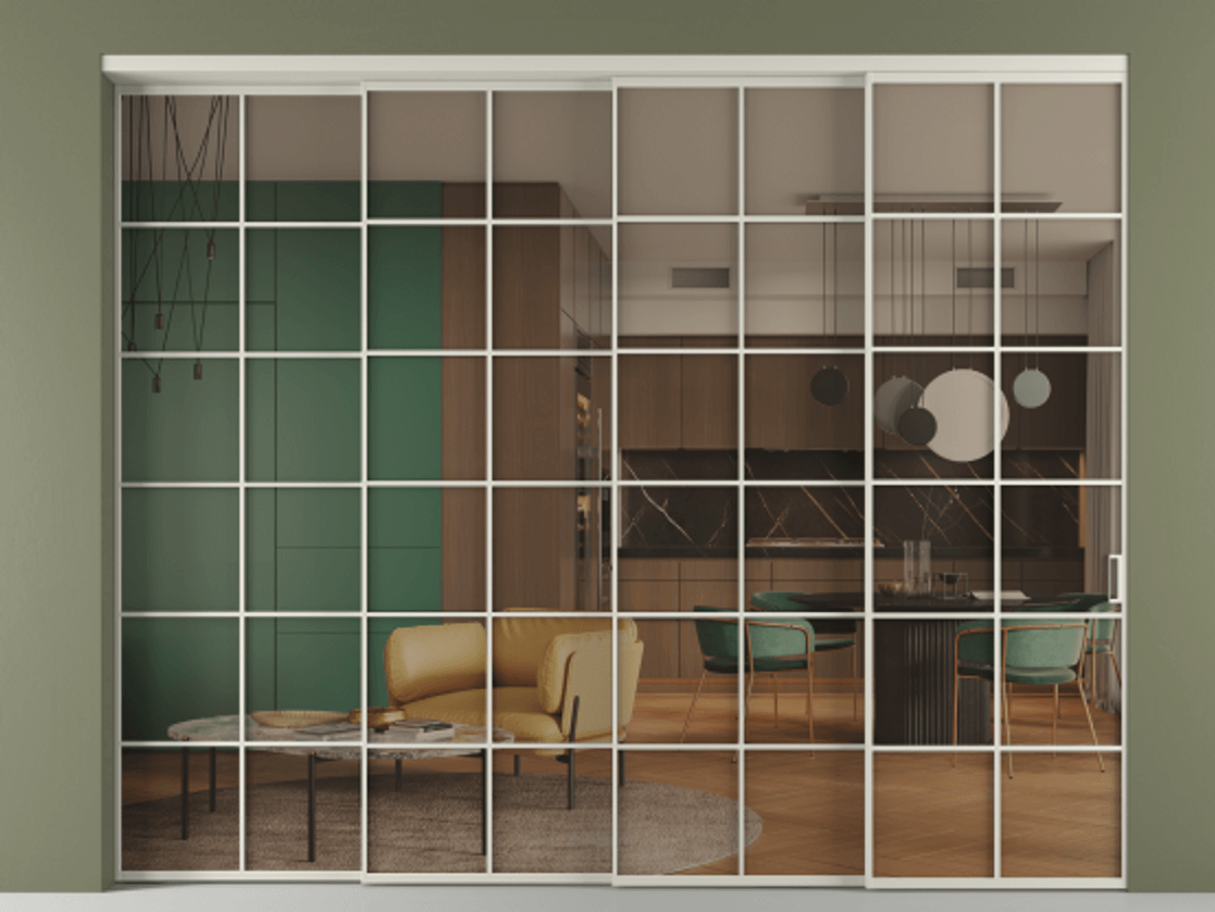 Перегородка Формато внутри проёма 4 створки с синхронным механизмом АЛПР 040.05 Алюминий тёплый серый Прозрачное бронзовое стекло, триплекс. Цена 3295660 AMD 1. Полотно 4 шт. (800/2100 мм)
2. Комплект установки раздвижной системы
3. Базовый комплект фурнитуры
4. Комплект фурнитуры телескопик синхро-3
5. Ручка Рондо. Фабрика дверей Волховец 8 (800) 551 43 19 Перегородка Формато внутри проёма 4 створки с синхронным механизмом АЛПР 040.05 Алюминий тёплый серый Прозрачное бронзовое стекло, триплекс Цена 3295660 AMD | Volhovec