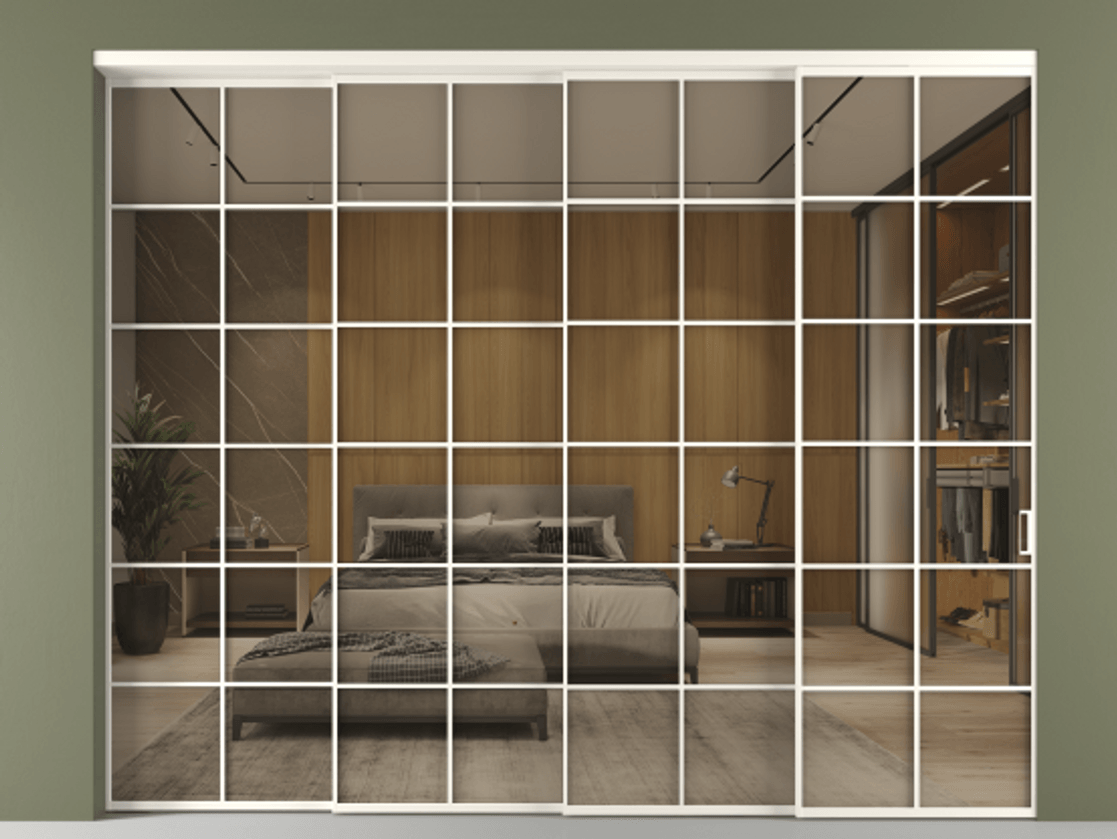 Перегородка Формато внутри проёма 4 створки с синхронным механизмом АЛПР 040.05 Алюминий пудровый белый Рефлективное бронзовое стекло "Стопсол", калёное. Цена 3468300 AMD 1. Полотно 4 шт. (800/2100 мм)
2. Комплект установки раздвижной системы
3. Базовый комплект фурнитуры
4. Комплект фурнитуры телескопик синхро-3
5. Ручка Рондо. Фабрика дверей Волховец 8 (800) 551 43 19 Перегородка Формато внутри проёма 4 створки с синхронным механизмом АЛПР 040.05 Алюминий пудровый белый Рефлективное бронзовое стекло "Стопсол", калёное Цена 3468300 AMD | Volhovec