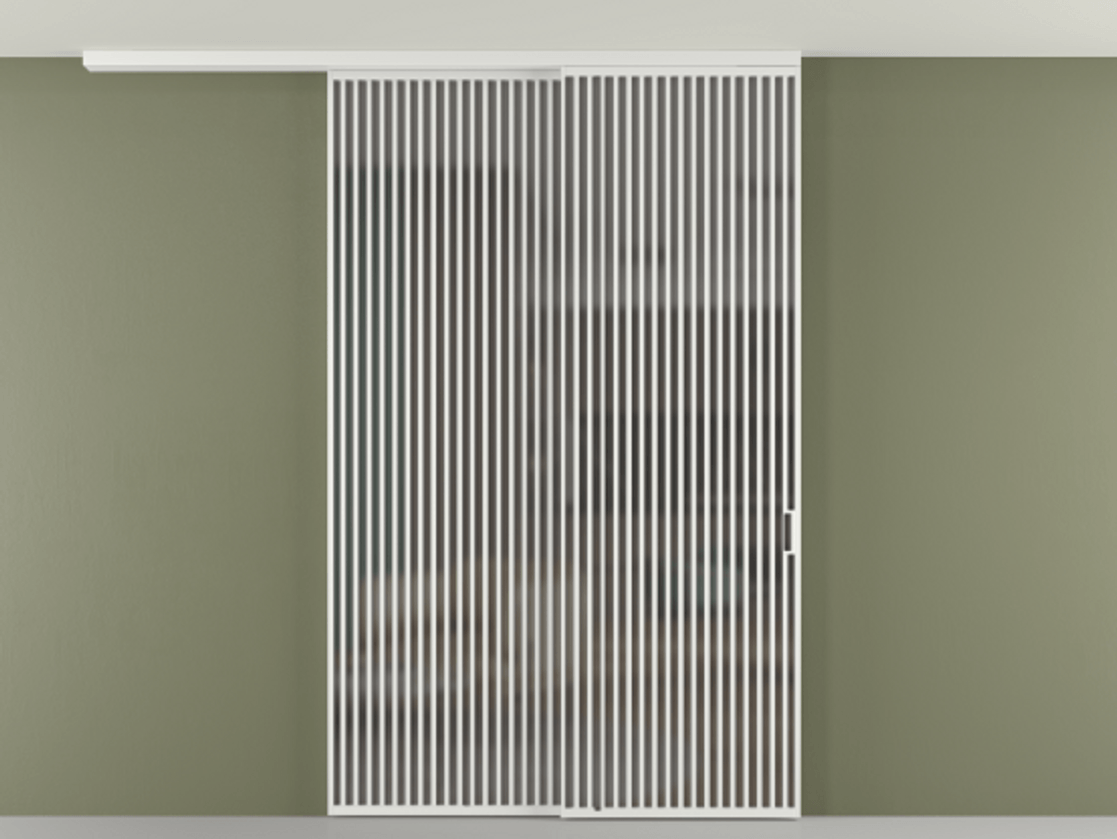 Перегородка Формато вдоль стены на потолок 2 створки с синхронным механизмом АЛПР 040.06 Алюминий белоснежный Сатинированное серое стекло, триплекс Цена 3037880 AMD | Volhovec