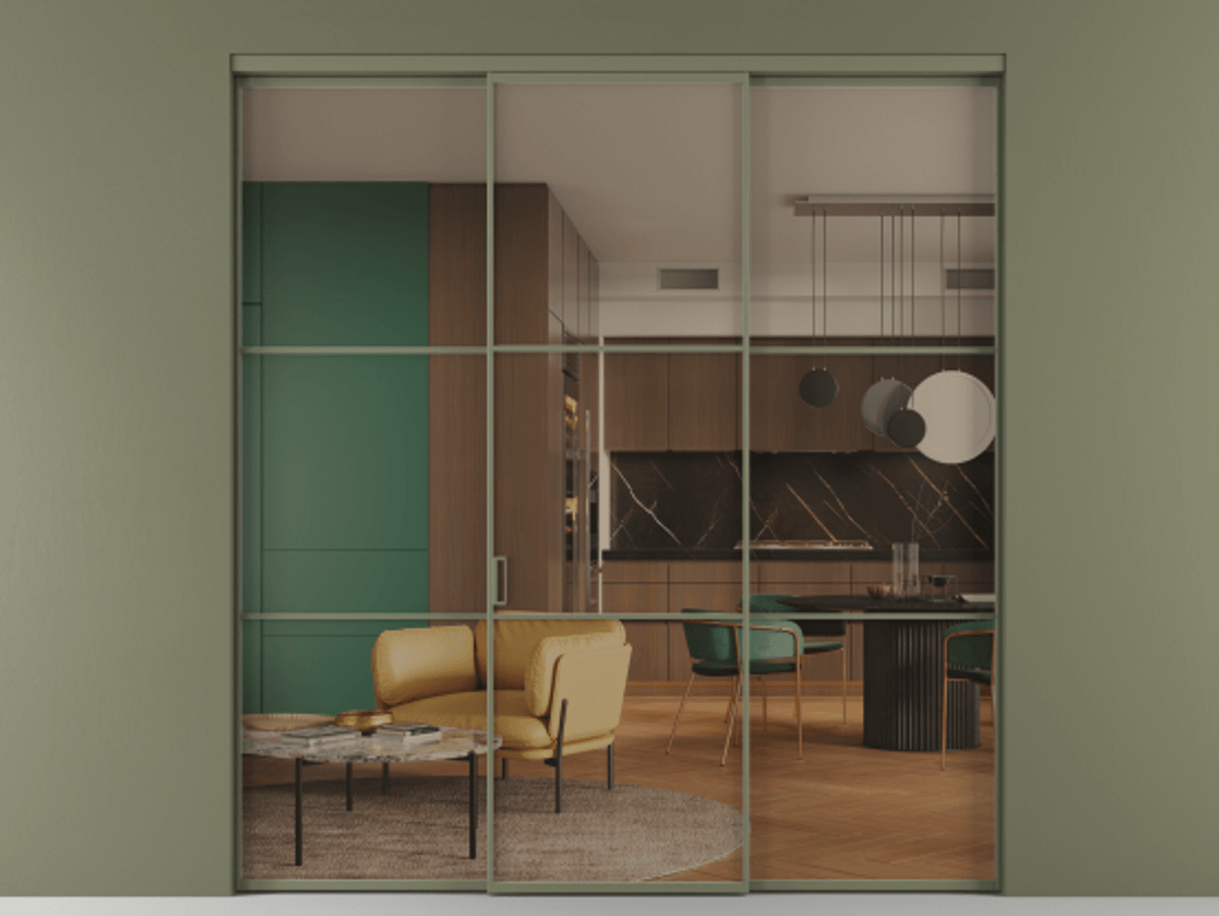 Перегородка Formato внутри проёма 3 створки АЛПР 040.03 Алюминий оливковый тёмный Прозрачное бронзовое стекло, триплекс Цена 1600180 AMD | Volhovec