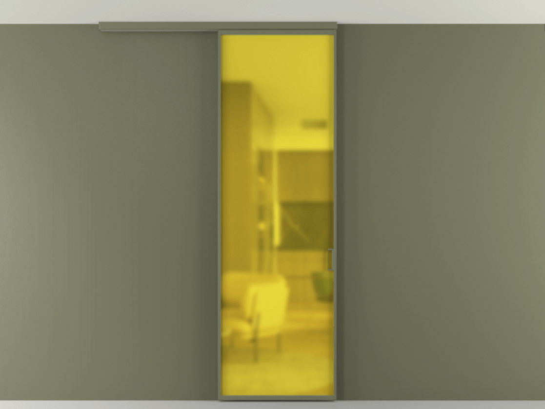 Перегородка Formato вдоль стены на потолок 1 створка АЛПР 040.01 Алюминий оливковый тёмный Сатинированное жёлтое стекло, триплекс Цена 649000 AMD | Volhovec