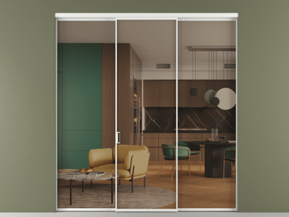 Перегородка Формато внутри проёма 3 створки АЛПР 040.01 Алюминий белоснежный Прозрачное бронзовое стекло, триплекс Цена 1518240 AMD | Volhovec