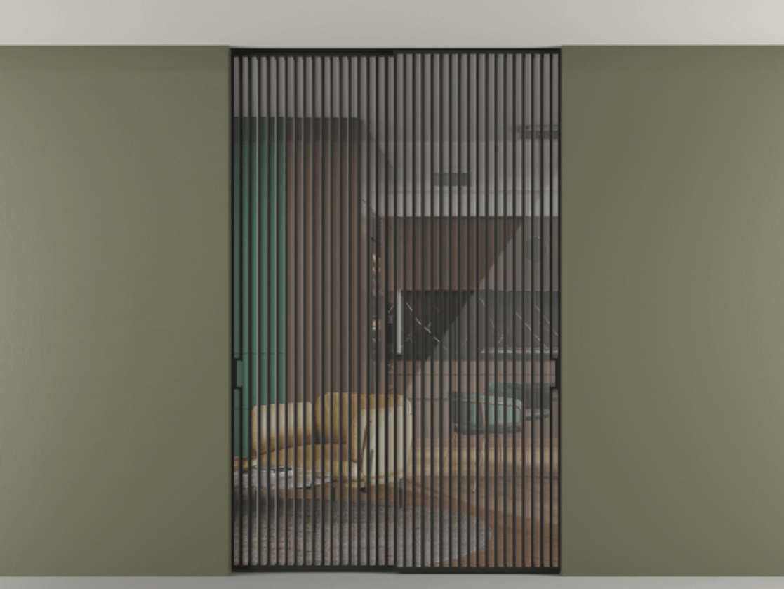 Перегородка Формато внутри проёма скрытое крепление в потолок 2 створки АЛПР 040.06 Алюминий Черный Рефлективное прозрачное стекло "Стопсол", калёное Цена 3391290 AMD | Volhovec