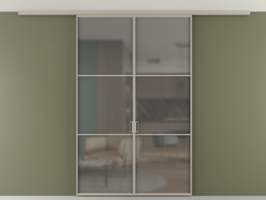 Перегородка Формато вдоль стены на потолок 2 створки АЛПР 040.03 Алюминий бисквитный Сатинированное серое стекло, триплекс Цена 1537090 AMD | Volhovec