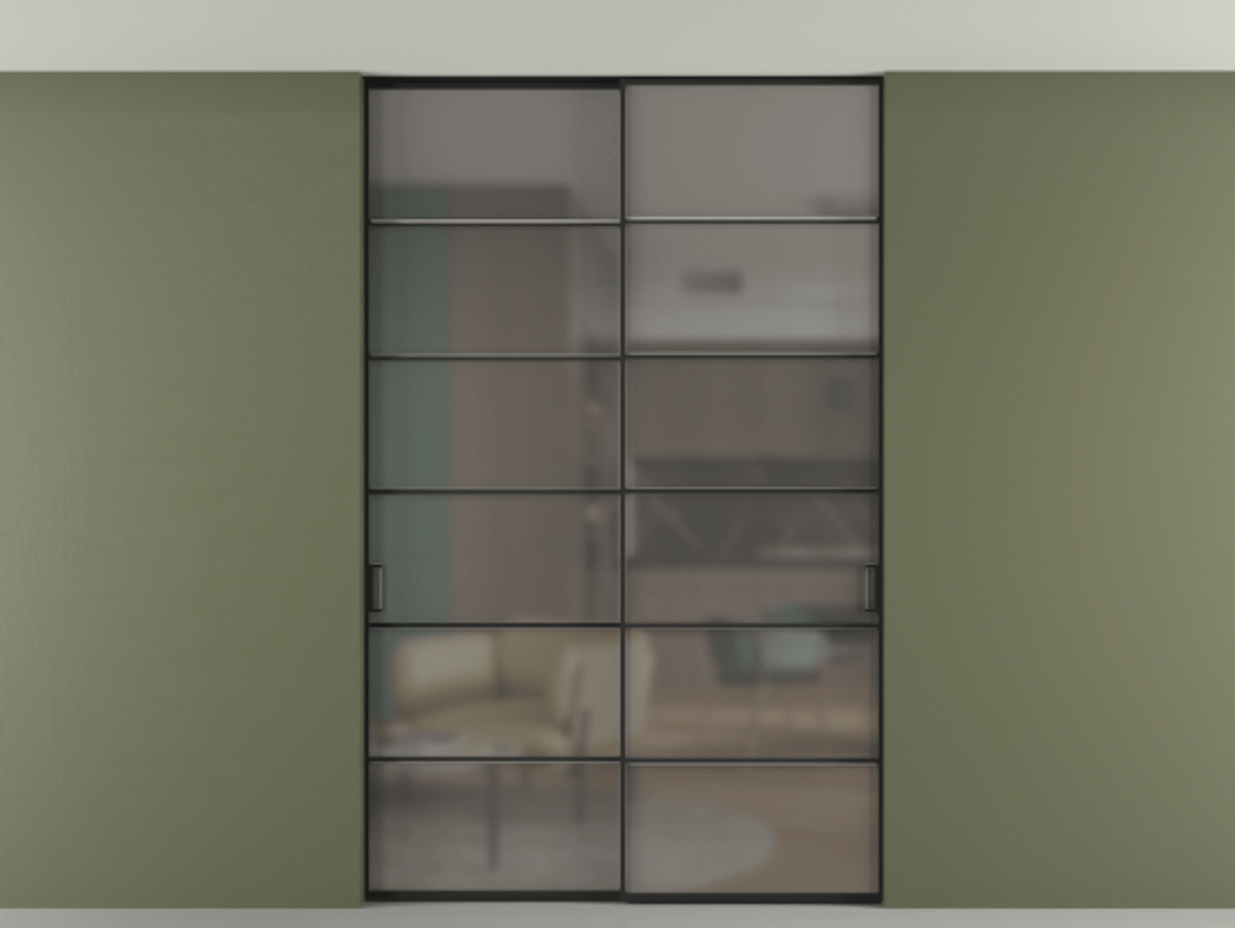 Перегородка Formato внутри проёма двустворчатая со скрытым креплением в потолок АЛПР 040.04 Алюминий Черный Сатинированное серое стекло, триплекс, 6 мм Цена 280780 ₽ | Volhovec