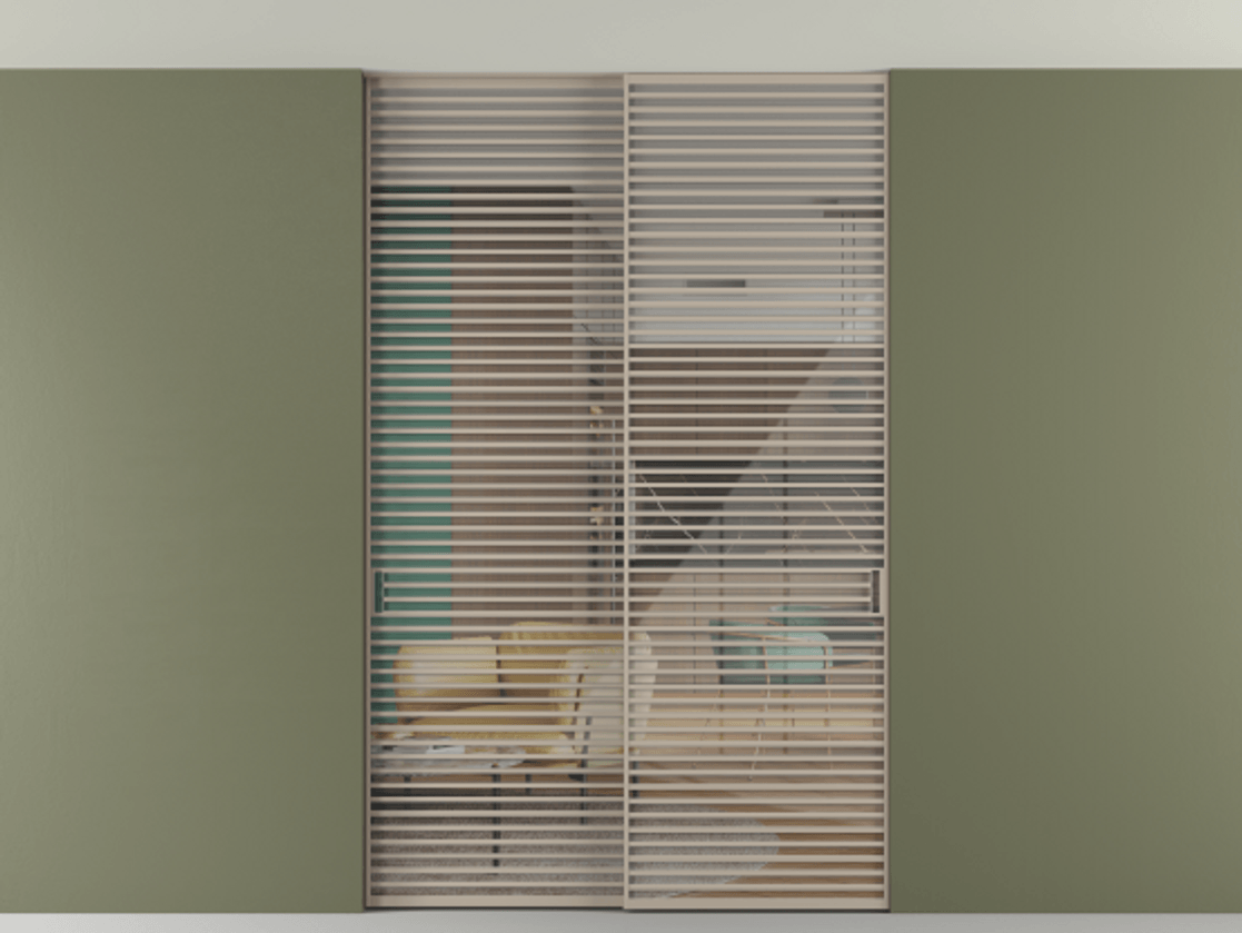 Перегородка Формато внутри проёма скрытое крепление в потолок 2 створки АЛПР 040.07 Алюминий бисквитный Рефлективное прозрачное стекло "Стопсол", калёное Цена 3514430 AMD | Volhovec