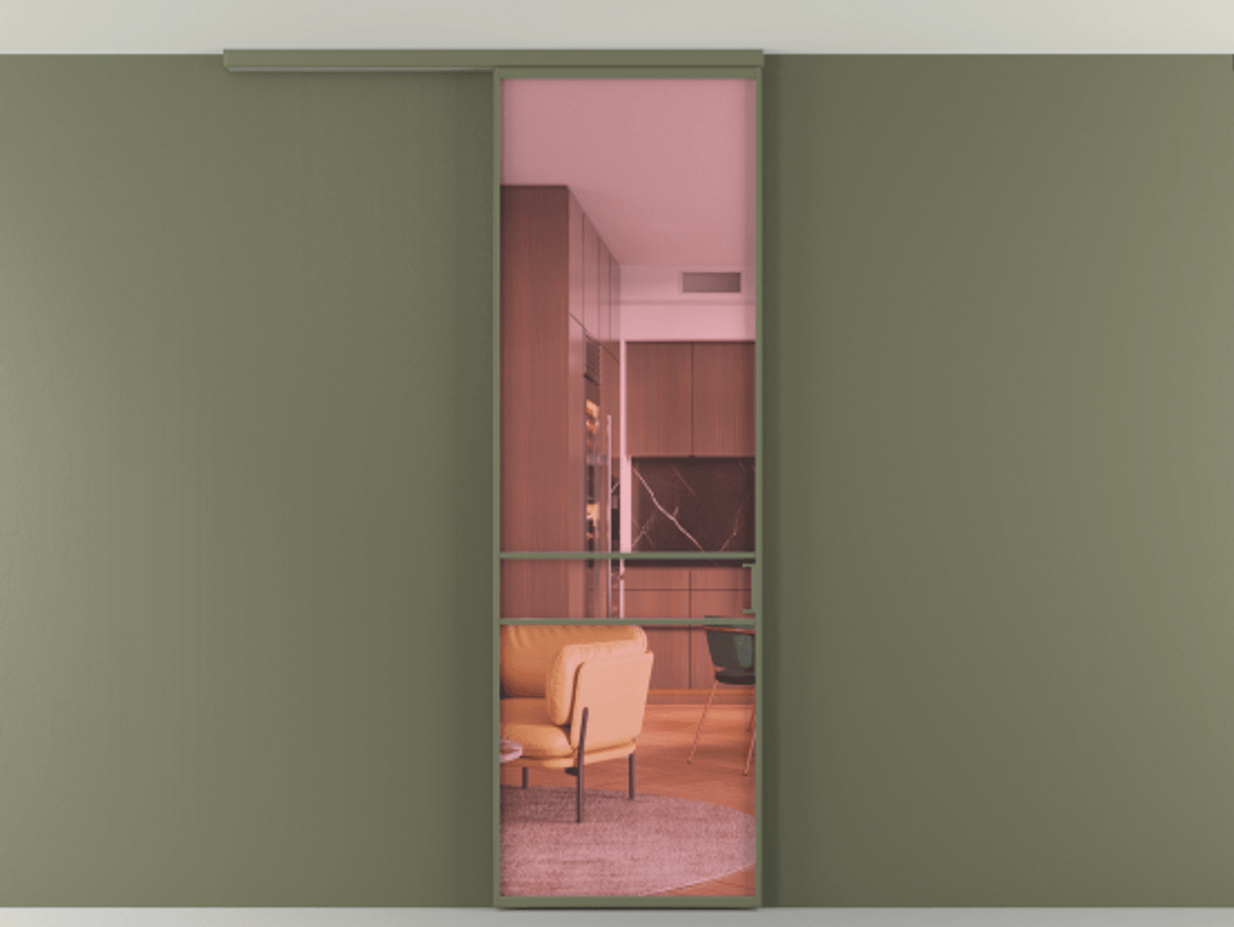 Перегородка Formato вдоль стены на потолок 1 створка АЛПР 040.02 Алюминий оливковый тёмный Прозрачное розовое стекло, триплекс Цена 681100 AMD | Volhovec