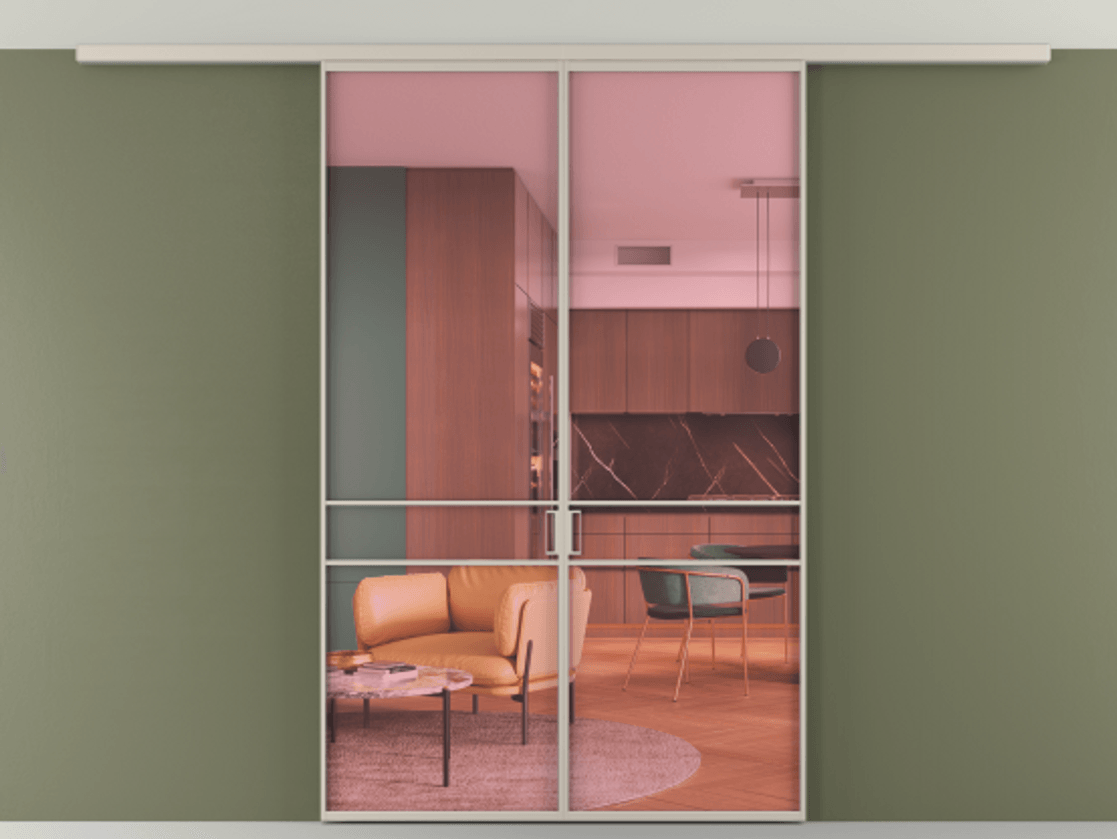 Перегородка Formato вдоль стены на потолок 2 створки АЛПР 040.02 Алюминий светло-бежевый Прозрачное розовое стекло, триплекс Цена 1537100 AMD | Volhovec