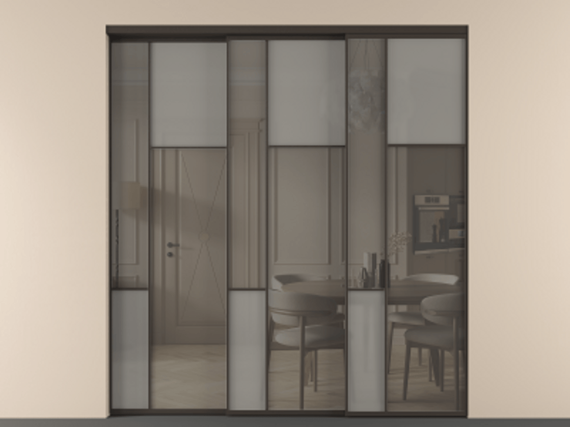 Перегородка Mosaic внутри проёма 3 створки с синхронным механизмом АЛПР 041.11 Алюминий антрацит Сатинированное серое стекло, триплекс, 6 мм + Прозрачное серое стекло, триплекс Цена 2949760 AMD | Volhovec